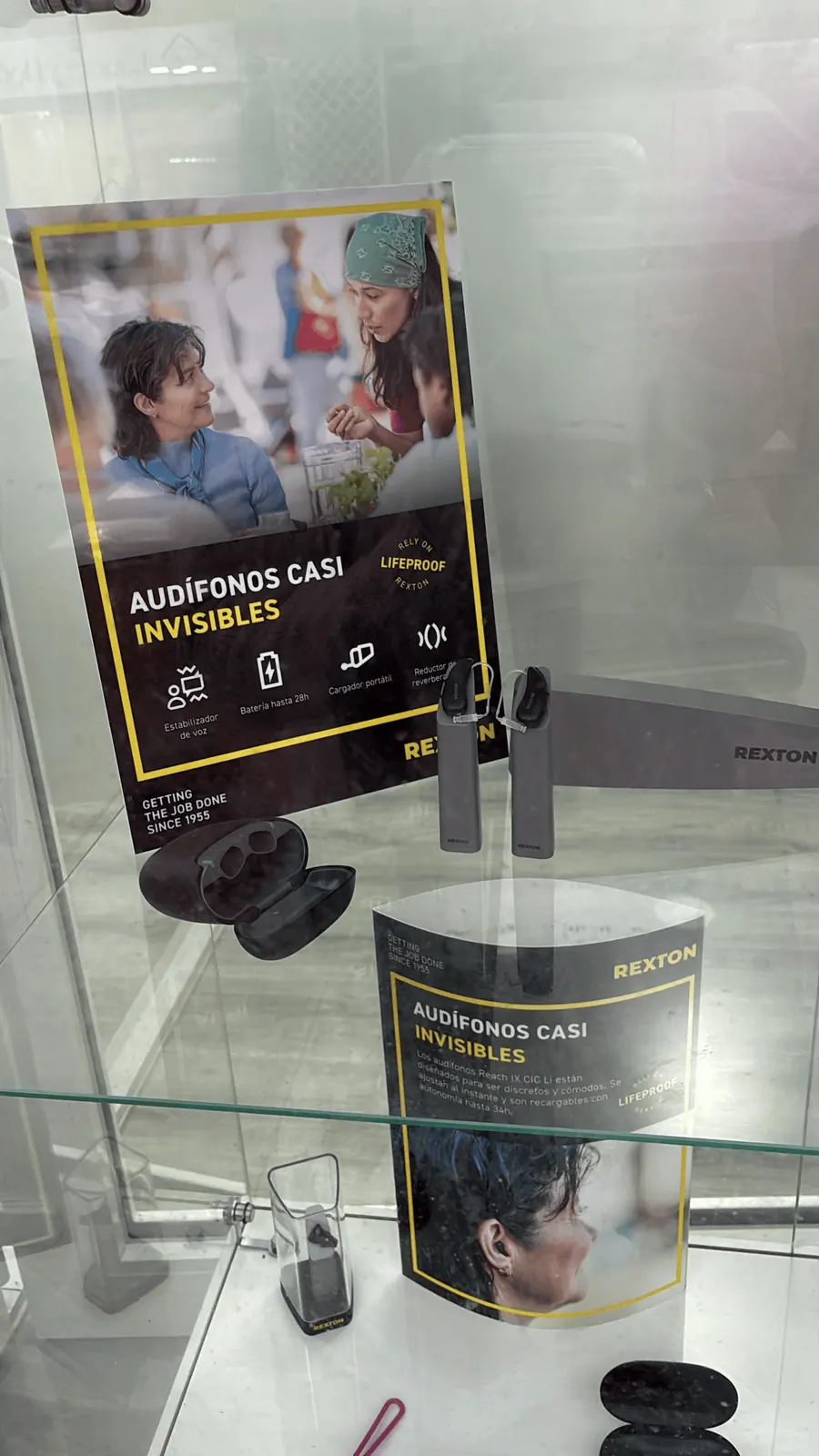 Display of nearly invisible, rechargeable hearing aids